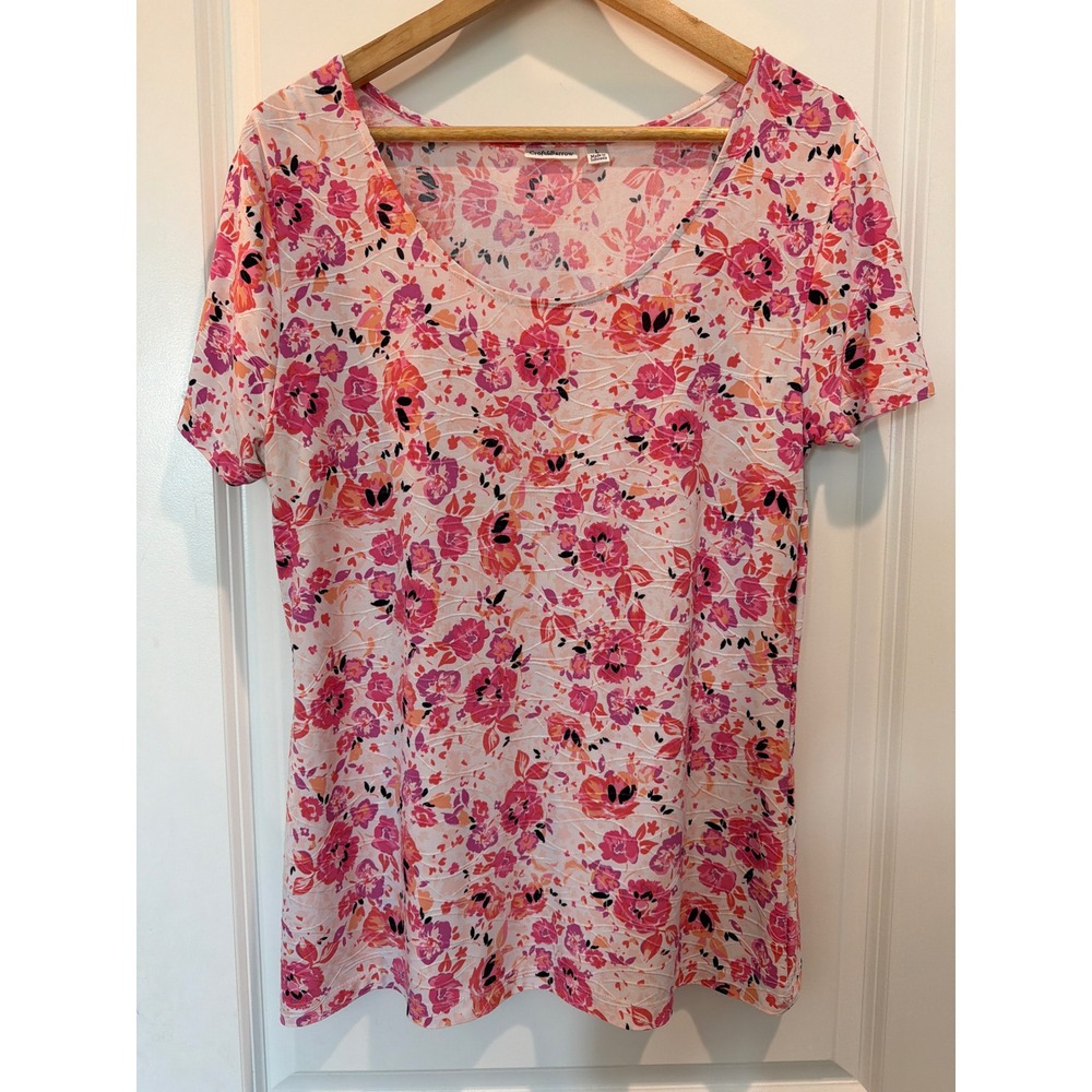 Croft & Barrow Womens Large Pink Floral Scoop Neck Short Sleeve Textured Tee